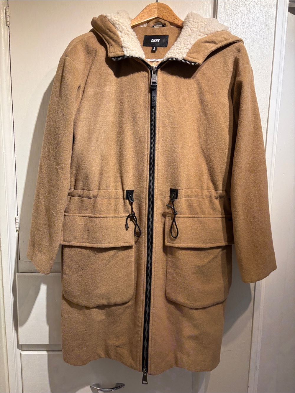 DKNY Tan Hooded Fleece-Lined Trench Coat